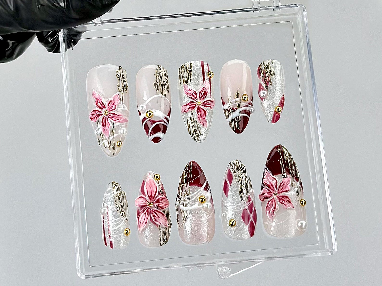 Elegant 3D Floral Press On Nails | Burgundy Pink Silver Nail Art | Silver Chrome Detailing Fake Nails | Luxury Nails | Prom Nails | HB867YK