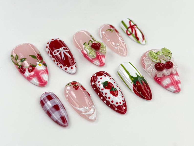 Strawberry Picnic Press On Nails | Cute 3D Strawberry And Bow Nail Art | Gingham Vintage Picnic Nails | Red & Pink Summer Nails | JB822H