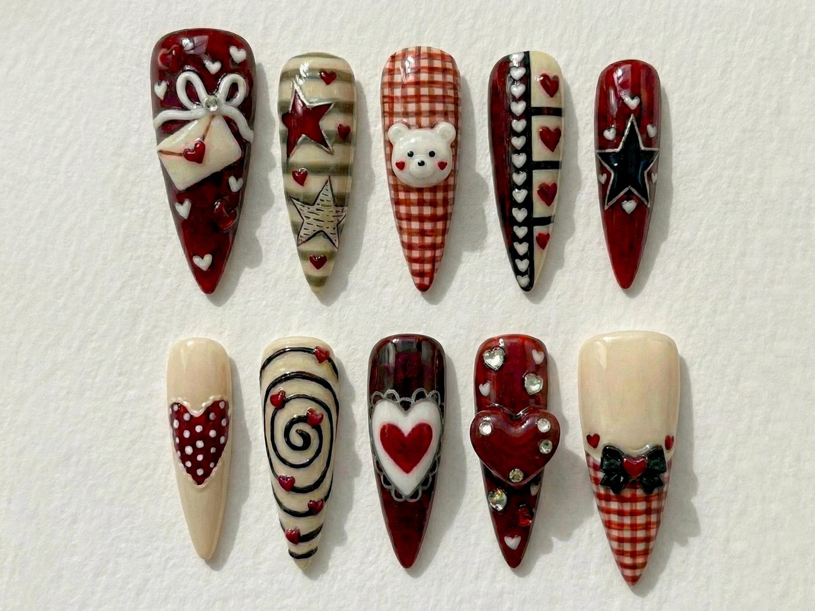 Combo Sweet Valentine Picnic Press On Nails 3D Heart Candy Cherry Nail Art Handmade Valentine Nail Set DB17L