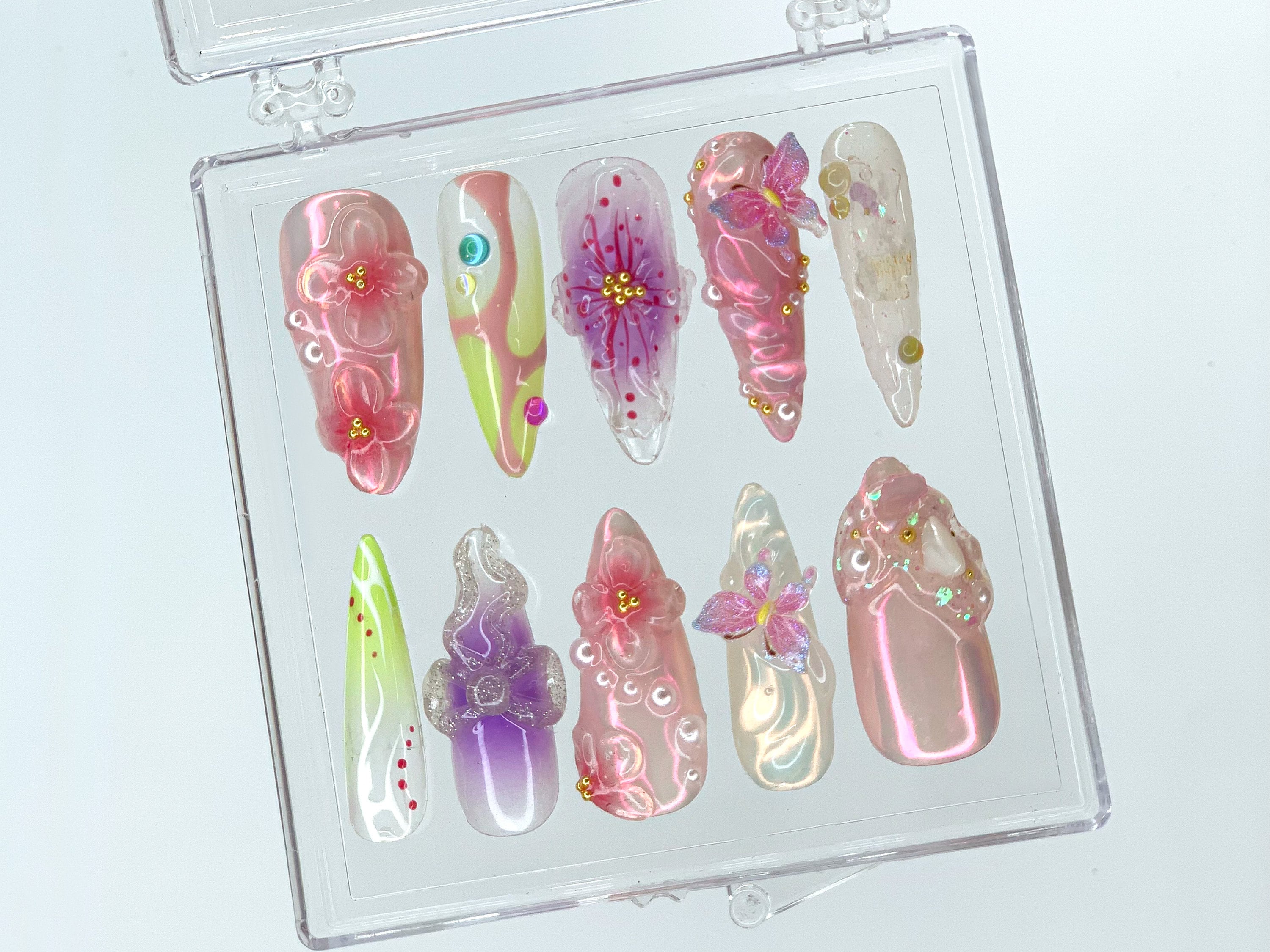 Dreamy Garden Press On Nails Almond | Butterfly Charms| 3D FairyCore Flower Press Ons | Romantic Nail Art in Fake Nails | HD400SL